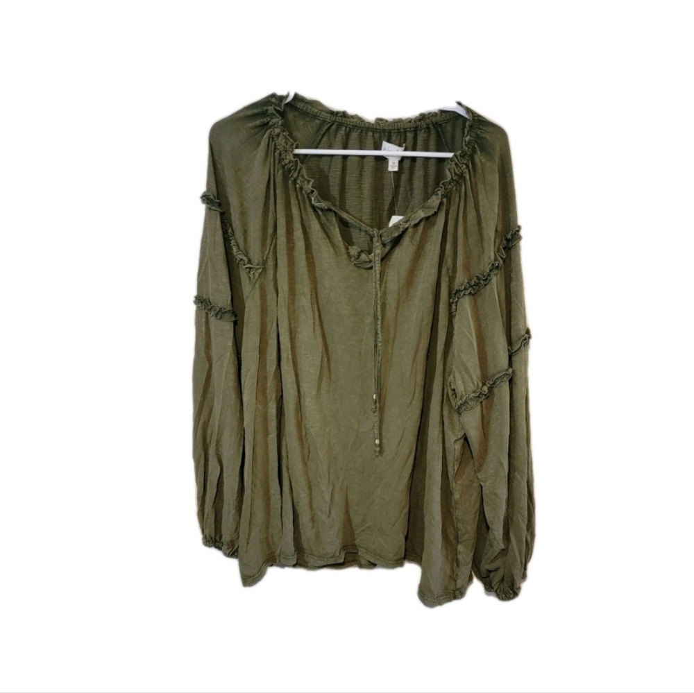 NWT Women's Wonderly Boho Peasant  Top Tunic Blouse 3X Green Long Sleeve Shirt